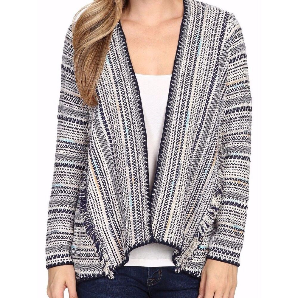 Lucky Brand "Pottery" Open Front Cotton Cardigan Geometric Fringe Hem Boho Sz M